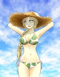 Rule 34 | 1girl, arms on head, artist name, bikini, bikini day, blonde hair, braid, breasts, cleavage, floral print, floral print bikini, hair ribbon, hat, highres, lipstick, looking to the side, machao, makeup, navel, o-ring, o-ring top, original, outdoors, parted lips, print bikini, red lips, ribbon, side-tie bikini bottom, sky, solo, standing, straw hat, swimsuit, white bikini, yellow ribbon