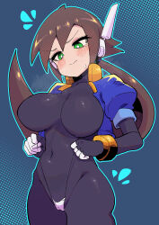 Rule 34 | 1girl, absurdres, aile (mega man zx), bikini, bikini bottom only, black bodysuit, blue background, blue jacket, blush, bodysuit, bodysuit under clothes, breasts, brown hair, buzzlyears, cameltoe, cowboy shot, cropped jacket, green eyes, highres, jacket, large breasts, long hair, mega man (series), mega man zx, mega man zx advent, open clothes, open jacket, ponytail, robot ears, simple background, single tear, solo, swimsuit, white bikini