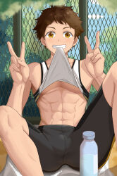 1boy :d abs absurdres bare_arms bare_shoulders bike_shorts black_shorts blush bottle brown_eyes brown_hair bulge chain-link_fence clothes_lift collarbone crotch_seam day double_v ensemble_stars! fence grin hands_up highres knees_up kogatetora lifting_own_clothes looking_at_viewer male_focus mouth_hold navel open_mouth outdoors pectorals shirt_lift short_hair shorts sitting sleeveless smile solo sportswear spread_legs tank_top tenma_mitsuru toned toned_male underpec v water_bottle