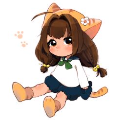 1girl ahoge animal_hat brown_eyes brown_hair cat_hat cat_tail closed_mouth di_gi_charat full_body green_neckerchief hat komewatari long_hair looking_at_viewer neckerchief puchiko shirt simple_background sitting socks solo tail white_background white_shirt