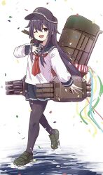 1girl akatsuki_(kancolle) anchor_symbol black_pantyhose blush commentary flat_cap full_body happy_birthday hat highres kantai_collection long_hair long_sleeves machinery neckerchief ocean open_mouth pantyhose pleated_skirt purple_eyes purple_hair red_neckerchief rigging rudder_footwear school_uniform serafuku ship_turret skirt smile smokestack symbol-only_commentary torpedo_launcher torpedo_tubes unagiman water