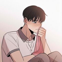 Rule 34 | 1boy, black hair, blush, dokyung cha, grey eyes, nervous, on floor, shirt, source request, vampire heart, white shirt