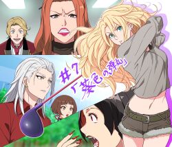 1boy 5girls absurdres anri_(birdie_wing:_golf_girls&#039;_story) birdie_wing:_golf_girls&#039;_story black_hair blonde_hair blue_eyes catherine_(birdie_wing:_golf_girls&#039;_story) earrings eve_(birdie_wing:_golf_girls&#039;_story) fangs golf_club highres jewelry long_hair midriff multiple_girls navel nicholas_(birdie_wing:_golf_girls&#039;_story) rose_aleon sosona vipère