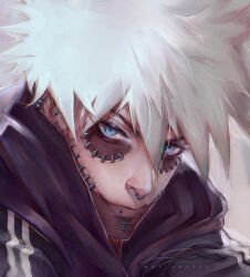 Rule 34 | 1boy, artistdkt, blue eyes, boku no hero academia, burn scar, cheek piercing, dabi (boku no hero academia), earrings, highres, jacket, jewelry, lip piercing, male focus, nose piercing, piercing, scar, scar on face, scar on mouth, scar on neck, solo, spiked hair, stapled, stitched face, stitches, white hair, wrinkled skin