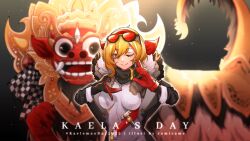 1girl 1other animal artist_request birthday black_background blonde_hair breasts character_name claws english_text eyes_visible_through_hair fangs glasses_on_head gloves gold hololive hololive_indonesia jacket kaela_kovalskia large_breasts one_eye_closed open_mouth red_eyes smile tail teeth