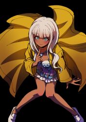 1girl absurdres bikini black_background blunt_bangs breasts danganronpa_(series) danganronpa_v3:_killing_harmony dark-skinned_female dark_skin frills highres jacket jewelry long_hair long_sleeves looking_at_viewer low_twintails necklace simple_background skirt small_breasts smile solo swimsuit twintails yonaga_angie youko-shima