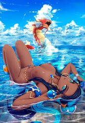1girl absurdres alternate_color aqua_eyes aqua_hair armlet artist_name belly_chain bicio black_hair blue_sky caustics cloud dark-skinned_female dark_skin day earrings eyeliner eyeshadow gen_1_pokemon gyarados gym_leader hair_bun highres holding holding_poke_ball hoop_earrings huge_filesize jewelry long_hair lying makeup multicolored_hair necklace nessa_(pokemon) nintendo nipples nude ocean on_back outdoors poke_ball pokemon pokemon_(creature) pokemon_swsh shiny_pokemon signature single_hair_bun sky two-tone_hair water