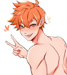Rule 34 | 1boy, borrowed character, commentary, crossed bangs, double-parted bangs, earrings, elfboiii, english commentary, fangs, from behind, gift art, green eyes, hand up, heart, highres, hoop earrings, jewelry, licking lips, looking back, male focus, no shirt, orange hair, original, short hair, simple background, solo, suggestive fluid, sweat, tongue, tongue out, upper body, v, white background