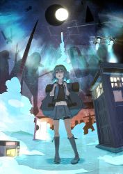 1girl :o back_to_the_future backpack bad_id bad_pixiv_id bag bike_shorts bike_shorts_under_skirt blue_boots blue_eyes blue_hair boots building doctor_who door doorway doraemon doraemon_(character) eclipse eleventh_doctor eleventh_doctor_(doctor_who) female_focus flying_car hair_bobbles hair_ornament hat highres kawashiro_nitori key knee_boots looking_away matching_hair/eyes microwave midriff moon navel open_clothes open_shirt phone_booth pocket rin_yu_shijin rocket rubber_boots science_fiction shirt shooting_star short_hair short_twintails shorts shorts_under_skirt skirt sleeves_pushed_up sleeves_rolled_up solo spacecraft star_trek star_wars steins;gate tardis the_doctor_(doctor_who) touhou trait_connection twintails two_side_up uss_enterprise_(star_trek) water