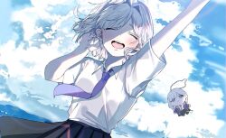 1girl alternate_costume arm_up black_skirt blue_sky closed_eyes cloud collared_shirt dow_suitable highres kaga_sumire lupinus_virtual_games medium_hair necktie open_mouth outdoors parted_bangs pleated_skirt purple_necktie shirt shirt_tucked_in short_sleeves skirt sky solo upper_body virtual_youtuber vspo! white_hair white_shirt