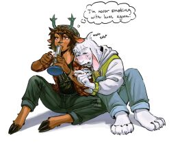 1boy 1girl animal_ears antlers asriel_dreemurr barefoot beanie black_shirt blue_pants bong brown_hair closed_eyes crying december_holiday deer_antlers deer_ears deer_girl deltarune english_text flannel full_body furry furry_female furry_male goat_boy goat_ears green_pants hat highres hooves horns joint_(drug) leaning_on_person marijuana pants pump_upthejam shirt short_hair simple_background sitting speech_bubble tears thought_bubble tomboy white_background