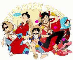 &gt;_&lt; 1boy black_hair black_pants cesel coat commentary fake_beard fake_facial_hair fake_horns floral_print fur-trimmed_coat fur_trim hat horns japanese_clothes kimono monkey_d._luffy multiple_views o-ring official_alternate_costume one_piece pants red_horns red_kimono sandals scar scar_on_chest scar_on_face short_hair straw_hat sunflower_print sunglasses