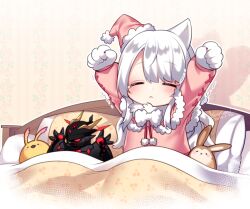 Rule 34 | 1girl, :&lt;, animal ears, arms up, blush, chibi, closed eyes, closed mouth, dated, fur-trimmed headwear, fur trim, hat, konshin, long hair, long sleeves, nightcap, original, pajamas, pillow, pink headwear, pink pajamas, pink shirt, puffy long sleeves, puffy sleeves, shirt, signature, stretching, stuffed animal, stuffed rabbit, stuffed toy, tears, tilted headwear, trembling, under covers, upper body, white hair