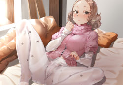 1girl blanket blush bow bow_panties brown_eyes brown_hair cameltoe crotch_seam female_focus floral_print gluteal_fold highres looking_at_viewer naso4 no_shoes okumura_haru panties panties_under_pantyhose pantyhose persona persona_5 pillow puffy_short_sleeves puffy_sleeves short_hair short_sleeves solo spread_legs sweater thighband_pantyhose turtleneck underwear white_pantyhose window zipper