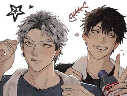 2boys black_hair black_shirt bokuto_koutarou brown_eyes commentary freaka_loonyz haikyuu!! hair_down highres holding holding_with_gesture kuroo_tetsurou looking_to_the_side male_focus multicolored_hair multiple_boys shirt short_hair simple_background smile teeth tongue tongue_out towel towel_around_neck two-tone_hair white_background white_hair