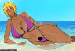 1girl artist_name bare_shoulders beach bikini bleach blonde_hair breast_tattoo breasts collarbone colored_eyelashes dark-skinned_female dark_skin dr_octojuice espada facial_mark female_focus green_eyes hand_on_own_thigh hollow_hole large_breasts lying number_tattoo ocean on_side patreon_username swimsuit tattoo tier_harribel water wet