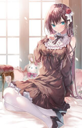 1girl aqua_eyes bare_shoulders black_dress black_shoes closed_mouth clothing_cutout dress finger_to_mouth high_heels highres index_finger_raised indoors long_hair long_sleeves looking_at_viewer miwabe_sakura on_bed original pantyhose pillow shoes shoulder_cutout shushing sitting smile stuffed_toy white_pantyhose