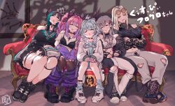 5girls absurdres black_hair blonde_hair blue_hair braid breasts cellphone crown_hair_ornament drooling eyewear_on_head flow_glow_(hololive) grey_hair hat headphones headphones_around_neck highres hololive hololive_dev_is hood hooded_jacket isaki_riona jacket jewelry kikirara_vivi knee_cutout koganei_niko kono_(konomi9a) large_breasts lightning_ahoge medium_breasts midriff mizumiya_su mouth_drool multicolored_hair multiple_girls navel navel_piercing pants phone piercing pink_hair purple_hair rindo_chihaya ring sleeping smartphone streaked_hair sunglasses thick_thighs thighhighs thighs torn_clothes torn_pants twin_braids twintails two-tone_hair virtual_youtuber white_sneakers