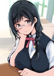 1girl absurdres black_hair black_vest blush braid breasts closed_mouth collared_shirt commentary_request desk gengoroh grey_eyes highres indoors large_breasts long_hair long_sleeves looking_at_viewer love_live! love_live!_nijigasaki_high_school_idol_club neck_ribbon nijigasaki_school_uniform red_ribbon ribbon school_uniform semi-rimless_eyewear shirt short_sleeves sidelocks solo translation_request under-rim_eyewear upper_body vest yuki_setsuna