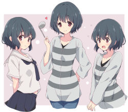 1girl blue_hair blue_skirt blush closed_mouth commentary cowboy_shot denim grey_shirt heart highres holding holding_ladle jeans ladle long_sleeves looking_at_viewer mel_(melty_pot) midriff_peek multiple_views neckerchief open_mouth pants pink_background red_eyes school_uniform serafuku shima_saki shirt short_hair short_sleeves simple_background skirt small_hands smile striped_clothes striped_shirt sweatdrop white_shirt yurucamp