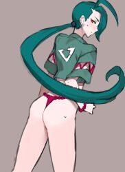 1girl alternate_costume ass blush bright_pupils brown_background cowboy_shot dutch_angle ear_piercing from_behind fundoshi green_hair japanese_clothes long_hair looking_back nintendo piercing pokemon pokemon_sv ponytail red_eyes rika_(pokemon) shirt sketch solo sweat ukimukai wristband