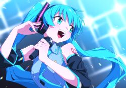 1girl aqua_eyes aqua_hair aqua_necktie arm_tattoo blush collared_shirt commentary detached_sleeves eyelashes grey_shirt hair_ornament hatsune_miku headphones highres holding holding_microphone long_hair microphone music necktie open_mouth shirt sleeveless sleeveless_shirt solo sparkle tattoo twintails upper_body very_long_hair vocaloid yachima_tana