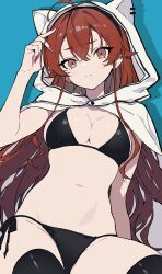 1girl absurdres animal_ear_hood bikini black_bikini black_thighhighs blackcatpancake breasts closed_eyes eris_greyrat fake_animal_ears frown highres hood medium_breasts mushoku_tensei navel red_eyes red_hair side-tie_bikini_bottom solo stomach swimsuit thighhighs thighs