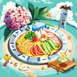artist_name cherry_tomato chopsticks cloud egg_(food) flower food food_focus fruit holding holding_oar holding_umbrella ice_cream innertube island issiki_toaki living_food no_humans noodles oar orange_(fruit) orange_slice original pier pink_flower plate simple_bird sitting standing swim_ring tomato tomato_slice umbrella water