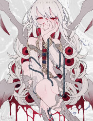 Rule 34 | albino, blood, cthulhu mythos, detached sleeves, extra eyes, fellatio gesture, flat chest, long hair, looking at viewer, nail polish, open mouth, personification, red eyes, red nails, white hair, yaemugura