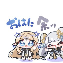 2girls barefoot black_skirt blonde_hair blue_eyes chibi chibi_only closed_eyes ear_piercing fleurdelys_(wuthering_waves) highres jinhsi_(wuthering_waves) long_hair mole multiple_girls piercing skirt smile syurikenmaru tacet_mark_(wuthering_waves) very_long_hair white_hair wuthering_waves