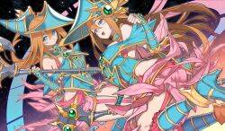 Rule 34 | 2girls, bare shoulders, blue eyes, blush stickers, boots, breasts, brown hair, clone, duel monster, floating, hair between eyes, hat, high heel boots, high heels, highres, holding, holding staff, large breasts, long hair, magician&#039;s valkyria, multiple girls, senjo, staff, vambraces, yu-gi-oh!