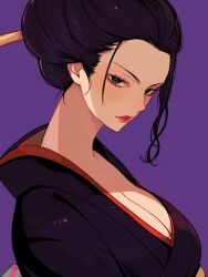 Rule 34 | 1girl, black hair, black kimono, blue eyes, breasts, cleavage, commentary, geisha, hair ornament, highres, japanese clothes, kanzashi, kimono, kurage20001, large breasts, lipstick, looking at viewer, makeup, nico robin, nico robin (wano), obi, one piece, profile, purple background, red lips, sash, sidelocks, simple background, solo, upper body