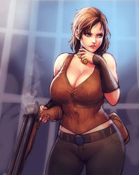 1girl absurdres bare_shoulders belt belt_buckle blurry blurry_background breasts brown_belt brown_hair brown_vest buckle buttons cait_(fallout_4) cleavage commentary curvy english_commentary erkaz fallout fallout_4 grey_pants gun highres holding holding_gun holding_weapon large_breasts lips pants parted_lips pouch short_hair shotgun sleeveless solo standing vest weapon yellow_eyes