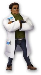 1boy 3d absurdres artist_request beard belt belt_buckle black_pants brown_hair brown_shoes buckle character_name coat collared_sweater cross-laced_shoes crossed_arms dark-skinned_male dark_skin denim dreadlocks english_text facial_hair fingerless_gloves forehead full_body gloves green_sweater grey_belt gungho highres jeans kinky_hair lab_coat laces lap leather leather_footwear leather_gloves legs_apart light_smile long_sleeves male_focus mature_male name_tag ninjala nose official_art pamphlet pants pocket ribbed_sweater ron_(adult)_(ninjala) ron_(ninjala) scientist second-party_source shoes shuriken_print silver_belt solo standing sweater thick_eyebrows transparent_background turtleneck turtleneck_sweater undercut white_coat wide_sleeves yellow_eyes