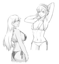 2girls alternate_costume armpits arms_up ass back bare_arms bare_legs bikini black_bikini breasts cleavage dark-skinned_female dark_skin echidna_(fire_emblem) fire_emblem fire_emblem:_the_binding_blade greyscale highres igrene_(fire_emblem) large_breasts looking_at_viewer looking_back looking_to_the_side medium_breasts monochrome multiple_girls navel nintendo sideboob smile standing stomach swimsuit thighs tsukimura_(d24f4z8j3t) white_bikini