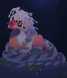 Rule 34 | 2girls, absurdres, alternate universe, ancient greek clothes, blood, blood on clothes, closed eyes, commentary, dark-skinned female, dark skin, english commentary, flower, greco-roman clothes, green eyes, gundam, gundam suisei no majo, hairband, hand on another&#039;s face, highres, indoors, lamia, long hair, looking at another, miorine rembran, monster girl, monsterification, moss, multiple girls, pointy ears, red hair, rock, sharp teeth, snake hair, suletta mercury, tanukimo imo, teeth, yuri