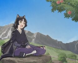 1girl animal_ear_fluff animal_ears arknights black_hair black_kimono branch crossed_legs dog_ears dotr_art drooling facial_mark food forehead_mark fruit full_body gloves hashtag-only_commentary highres infection_monitor_(arknights) jacket japanese_clothes kimono leaf long_hair long_sleeves mountain pants peach purple_gloves purple_pants saga_(arknights) sandals sitting smile socks solo tree yellow_eyes
