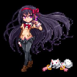 10s 1girl akemi_homura black_hair black_pantyhose earrings female_focus full_body jewelry kyubey long_hair lowres mahou_shoujo_madoka_magica mahou_shoujo_madoka_magica:_hangyaku_no_monogatari niino nino_(3rdoffice) nino_(nino_imo) pantyhose pixel_art purple_eyes smile solo transparent_background very_long_hair
