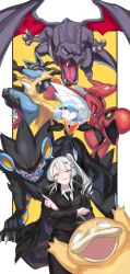 1boy 1other 2girls absurdres ahoge alternate_color animal_ears arms_up bare_shoulders black_coat black_dress black_eyes black_fur black_gloves black_jacket black_necktie black_skin black_skirt blowing_kiss blue_eyes blue_fur blue_hair blush body_fur border breasts charizard claws closed_mouth coat coat_on_shoulders collarbone collared_shirt colored_sclera colored_skin commission crossed_arms dragon dress elbow_gloves fangs flat_chest furry furry_male gardevoir gen_1_pokemon gen_2_pokemon gen_3_pokemon gen_4_pokemon gloves gpaper232 hair_between_eyes hair_ornament hairclip happy head_tilt highres index_finger_raised insect_wings jacket leg_up light_blush long_hair looking_at_viewer lucario luxray medium_breasts mega_gardevoir mega_lucario mega_pokemon multicolored_fur multicolored_skin multiple_girls necktie nintendo one_eye_closed open_mouth orange_eyes original outside_border outstretched_arms pokemon psyduck red_eyes red_fur red_sclera red_skin scizor sharp_teeth shiny_pokemon shirt short_hair side_ponytail sidelocks simple_background skirt slit_pupils smile snout spikes standing standing_on_one_leg strapless strapless_dress teeth tongue two-tone_skin white_border white_hair white_shirt white_skin white_wings wings wink wolf_boy wolf_ears yellow_background yellow_eyes yellow_fur