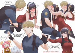 1boy 2girls :d ada_wong ada_wong_(cosplay) animal_ears anya_(spy_x_family) ashley_graham ashley_graham_(cosplay) bare_shoulders black_choker black_hair black_pantyhose black_vest blonde_hair blue_eyes blush bracelet breasts chocorut choker cleavage cosplay dress english_text gloves gun handgun hetero holding holding_weapon jewelry kiss large_breasts leon_s._kennedy leon_s._kennedy_(cosplay) looking_at_another mouse_ears multiple_girls open_mouth pantyhose red_dress red_sweater resident_evil resident_evil_4 short_hair sitting smile speech_bubble spy_x_family sweater twilight_(spy_x_family) vest weapon yor_briar