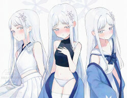 1girl bare_arms bare_shoulders black_shirt blue_archive blue_bow blue_haori blush bow breasts closed_mouth cropped_shirt flower hair_flower hair_ornament hand_on_own_chest haori highres japanese_clothes long_hair looking_at_viewer masshirokachi nagusa_(blue_archive) navel panties parted_bangs pleated_skirt sailor_collar shirt sidelocks skirt sleeveless sleeveless_shirt small_breasts solo stomach sweatdrop turtleneck turtleneck_shirt underwear white_eyes white_flower white_hair white_panties white_sailor_collar white_shirt white_skirt