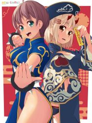 2girls bad_tag blonde_hair brown_hair chuutaro_metal clenched_hand cosplay green_eyes iijima_yun jiangshi looking_at_viewer multiple_girls new_game! open_mouth shinoda_hajime short_hair sleeves_past_fingers sleeves_past_wrists street_fighter thighs
