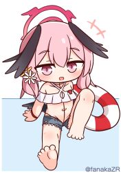 1girl :d arm_support barefoot bikini bikini_under_clothes black_bikini black_wings blue_archive blue_background blue_shorts blush chibi collarbone commentary_request criss-cross_halter denim denim_shorts feathered_wings flower full_body hair_between_eyes hair_flower hair_ornament halo halterneck hana_kazari head_wings highres innertube knee_up koharu_(blue_archive) long_hair looking_at_viewer low_twintails open_mouth pink_eyes pink_hair short_shorts shorts sitting smile soles solo swim_ring swimsuit twintails twitter_username two-tone_background white_background white_bikini white_flower wings yellow_flower