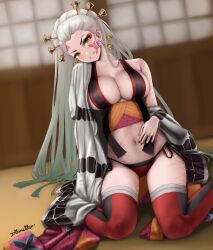 Rule 34 | 1girl, black nails, breasts, cracked skin, daki (kimetsu no yaiba), demon girl, dismaiden, facial mark, grey hair, hair ornament, hair pulled back, hair stick, highres, indoors, kimetsu no yaiba, kneeling, large breasts, long hair, navel, oiran, panties, red panties, red thighhighs, solo, text in eyes, thighhighs, underwear, yellow eyes