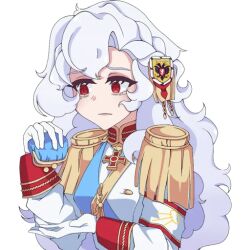 1girl aiguillette alpha_(alpha_1918) armband bag blue_sash buttons coin_purse collar cross cross_pendant empty_eyes epaulettes findoworld fluffy fluffy_hair frown gloves gold_buttons gold_trim hair_ornament handbag holding holding_bag lips long_hair looking_at_viewer military military_uniform non-web_source official_art open_handbag original poverty red_eyes red_sleeve_cuffs russian_empire salute sash sleeve_cuffs smile solo sputnik_and_pogrom sticker transparent transparent_background very_long_hair white_gloves white_hair