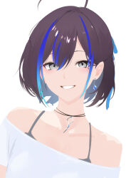1girl ahoge black_hair blue_hair bra bra_strap cohi27151463 commentary earrings grey_bra grey_eyes hair_between_eyes hashtag-only_commentary highres indie_virtual_youtuber jewelry looking_at_viewer mole mole_under_eye multicolored_hair necklace off-shoulder_shirt off_shoulder parted_lips shirt short_hair simple_background smile solo streaked_hair two-tone_hair underwear upper_body virtual_youtuber white_background white_shirt yubari_rei