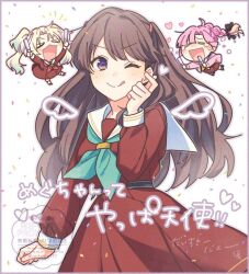 &gt;:) &gt;_&lt; 3girls :3 :d ;q =_= ahoge anyoji_hime aqua_neckerchief blush breasts brown_dress chibi chibi_inset commentary confetti crying curtained_hair drawn_wings dress fujishima_megumi glowstick hand_up hasu_no_sora_school_uniform holding holding_glowstick hood hooded_jacket jacket link!_like!_love_live! long_hair long_sleeves looking_at_viewer love_live! medium_breasts medium_dress mira-cra_park! multi-tied_hair multiple_girls neckerchief one_eye_closed open_clothes open_jacket open_mouth osawa_rurino parted_bangs penlight_(glowstick) pink_jacket pleated_dress poko_(pokopo117) ponytail raised_inner_eyebrows red_neckerchief sailor_collar sailor_dress school_uniform simple_background smile socks split_mouth symbol-only_commentary tongue tongue_out v-shaped_eyebrows virtual_youtuber watermark white_background white_sailor_collar white_socks winter_uniform x3 xd yellow_neckerchief