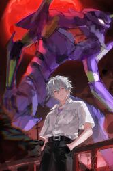 Rule 34 | 1boy, absurdres, against railing, belt, belt buckle, black belt, black pants, buckle, closed mouth, collared shirt, commentary request, crew neck, eva 01, full moon, hair between eyes, hand in pocket, highres, looking at viewer, male focus, mecha, moon, nagisa kaworu, neon genesis evangelion, open collar, pants, piyathida 24, purple shirt, railing, red eyes, red moon, robot, shirt, shirt tucked in, short sleeves, signature, smile, solo, thai commentary, unfinished, utility pole, white hair, white shirt, wing collar