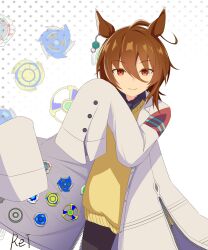 1girl absurdres agnes_tachyon_(umamusume) ahoge animal_ears artist_name beyblade beyblade_(object) brown_hair coat_stash commentary downer_onee-san_wa_asobitai etsuransha_no_rei hair_between_eyes highres horse_ears horse_girl horse_tail lab_coat long_sleeves look-alike pose_imitation red_eyes scene_reference sleeves_past_fingers sleeves_past_wrists solo sweater_vest tail umamusume yellow_sweater_vest