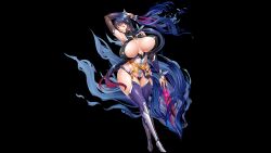 Rule 34 | 1girl, action taimanin, boots, clothes lift, curvy, fei (maidoll), high ponytail, highleg, highleg leotard, holding, holding weapon, leotard, lilith-soft, long hair, looking at viewer, non-web source, ponytail, purple boots, revealing clothes, shiny skin, shirt lift, solo, source request, taimanin (series), taimanin rpgx, thong leotard, uehara rin, very long hair, weapon, wide hips